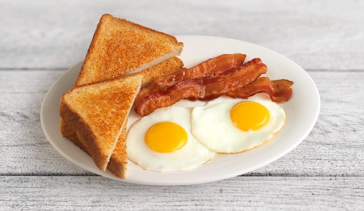 Toasted bread, eggs, and bacon