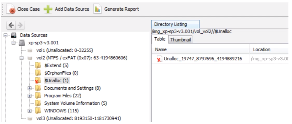 Autopsy unallocated space