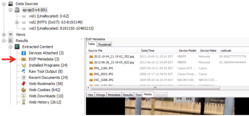 Autopsy EXIF Metadata Results